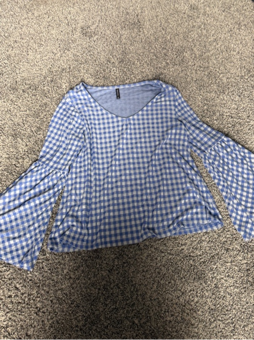 Massini Light Blue Gingham Bell Sleeve Top